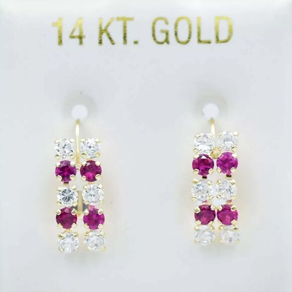 Created Ruby & White Sapphire Dangling Earrings 14k Yellow Gold